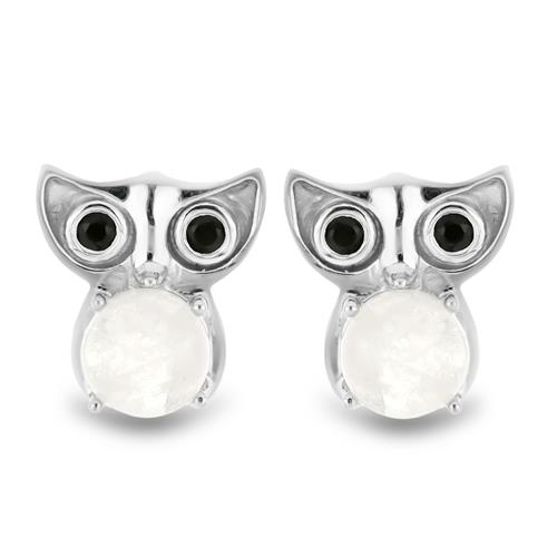 BUY 925 SILVER NATURAL RAINBOW MOON STONE & BLACK SPINEL GEMSTONE OWL EARRINGS 